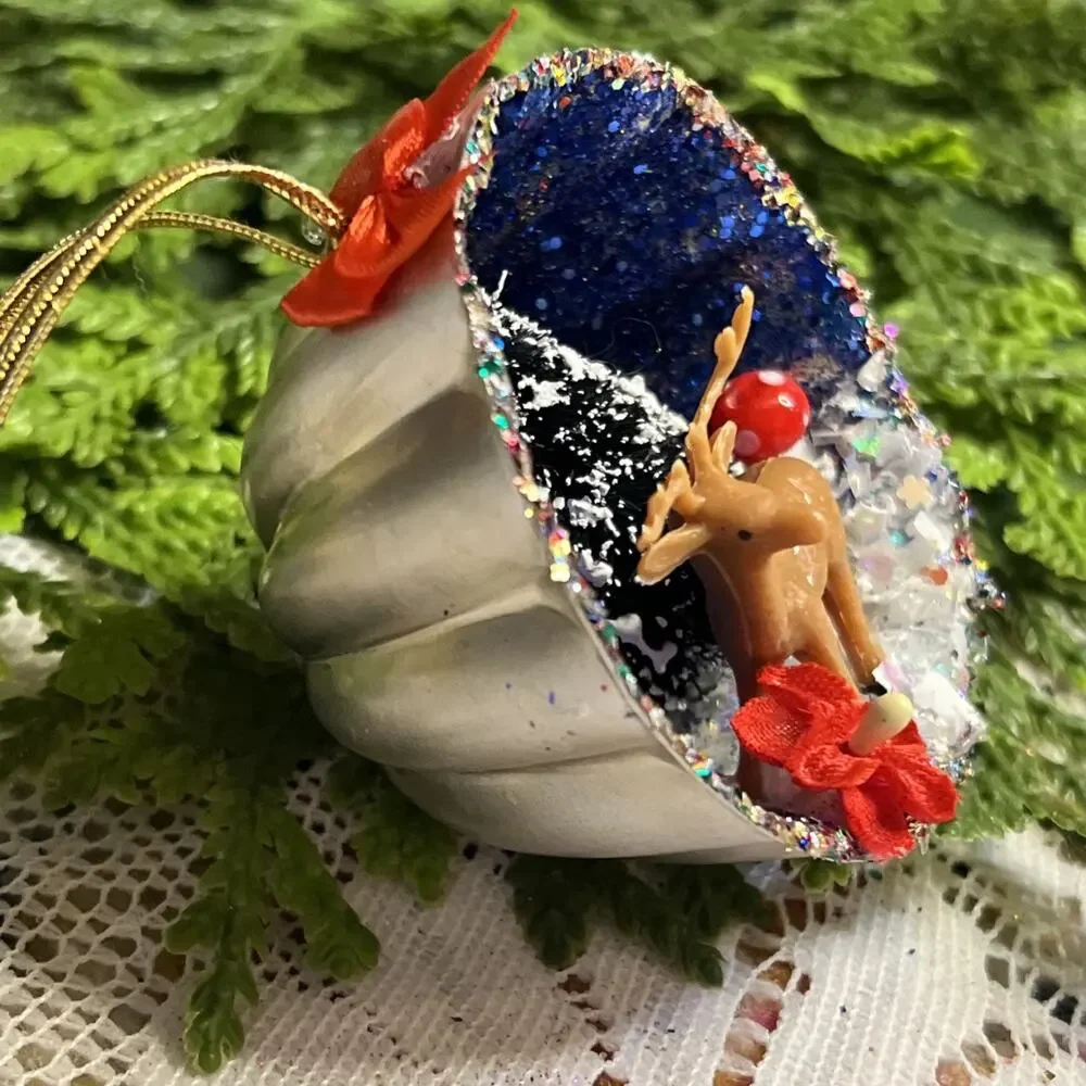 Vintage Round Tart Tin Deer Tree Mushroom Diorama Mid Century Reindeer Ornament